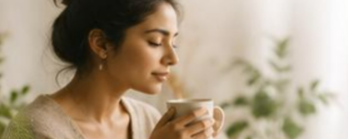 Woman enjoying a calm cup of tea at home