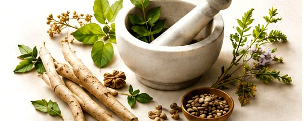 Botanical roots and herbs with a mortar and pestle