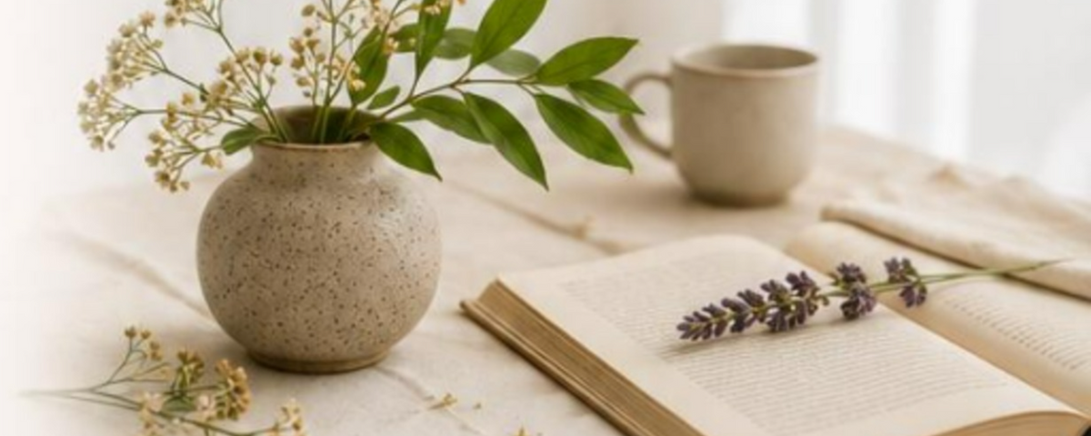 Open book, herbal sprigs and a cup on a sunlit table