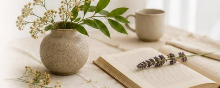 Open book, herbal sprigs and a cup on a sunlit table
