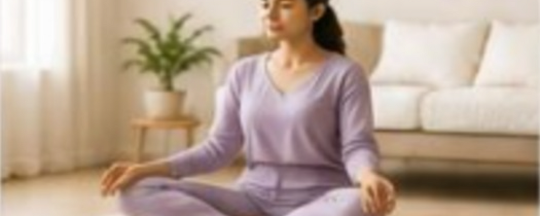 Woman meditating in a bright, calm living room